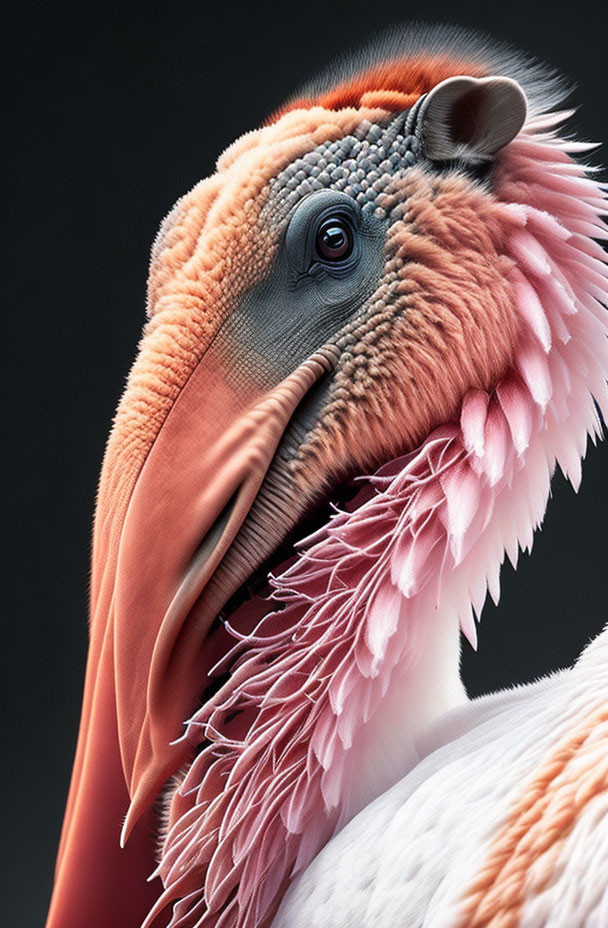 Flamingo's Pink Plumage and Curved Beak Detail