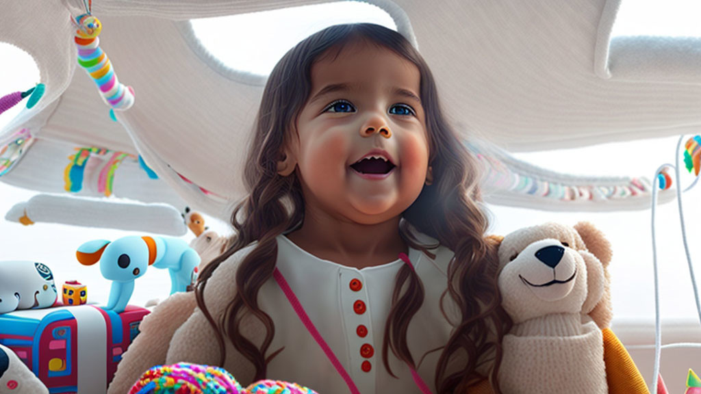 Cheerful toddler in colorful play tent with plush animals and toys