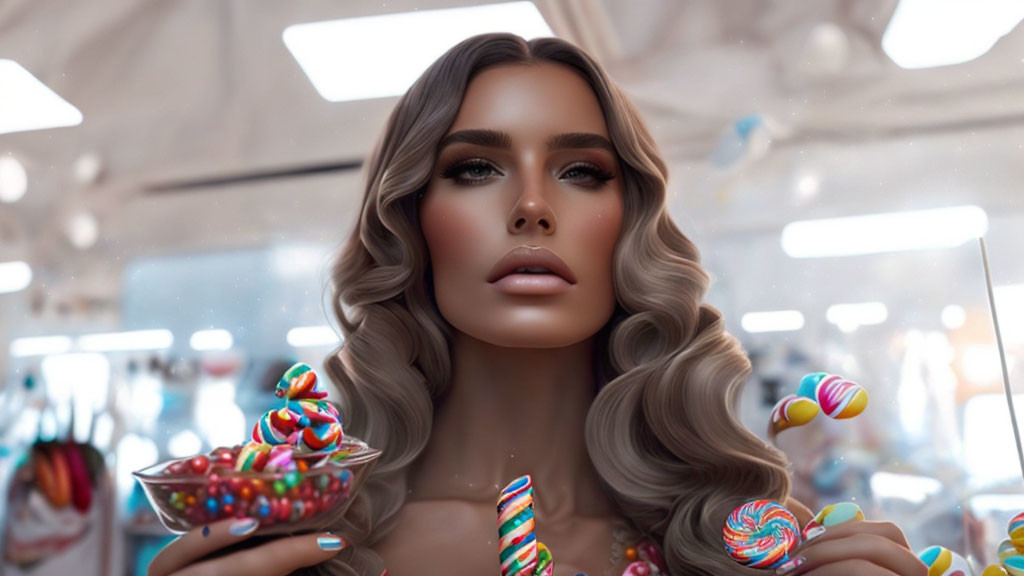 Digital art portrait of woman with wavy hair holding colorful candies in candy store ambiance.