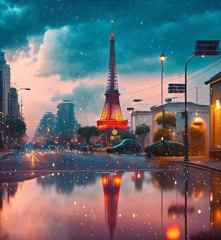 Twilight scene of wet street with Eiffel Tower and starry sky