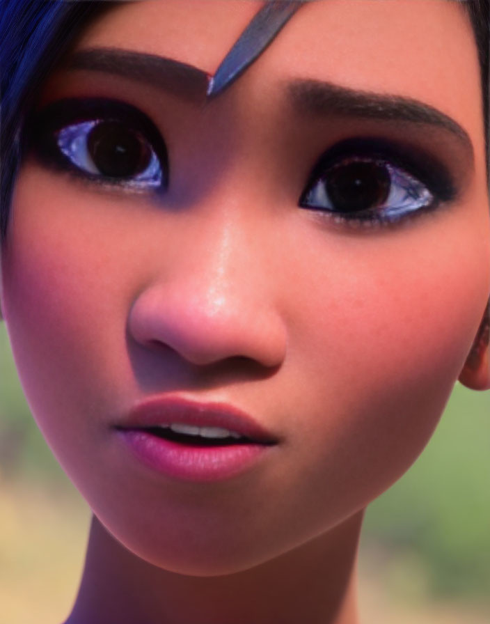 Detailed 3D-animated female character with expressive eyes and silver mark