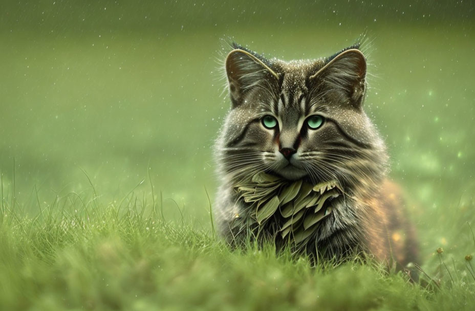 Fluffy cat with green eyes in rain on green field