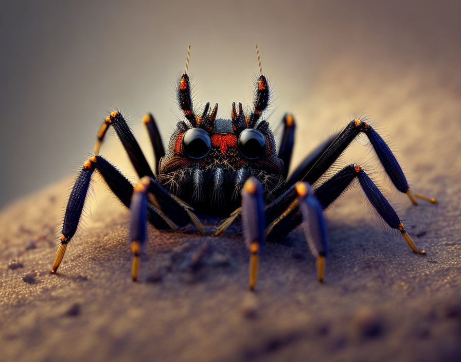 Jumping spider with black and orange markings on earthy backdrop