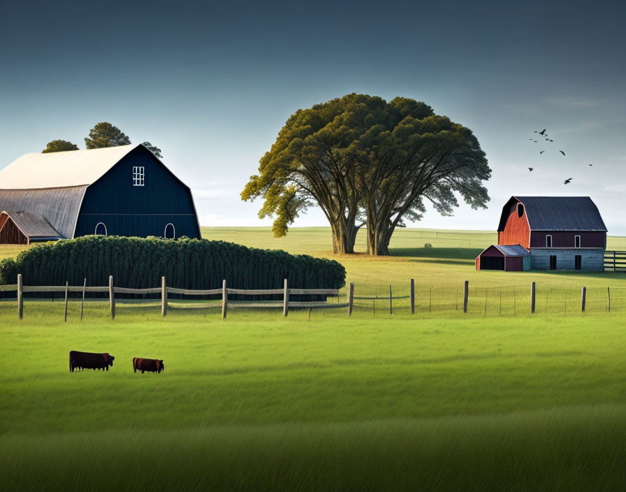 Rural landscape with barns, grazing cows, tree, and birds at sunrise or sunset