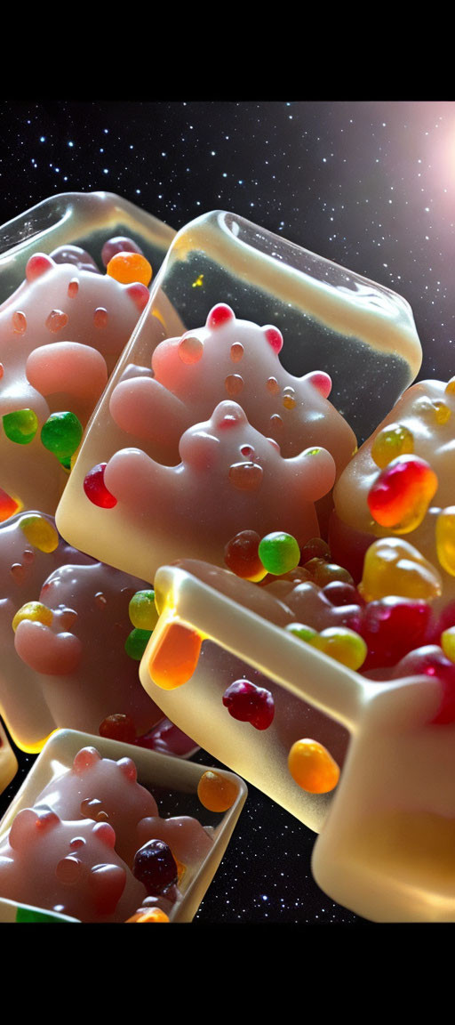 Colorful Gummy Bears on Mirrored Surface Reflecting Cosmic Starry Background