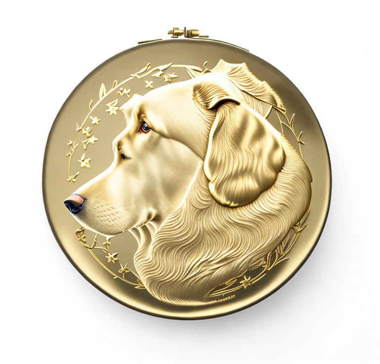 Golden coin featuring dog profile surrounded by stars and branches on white background