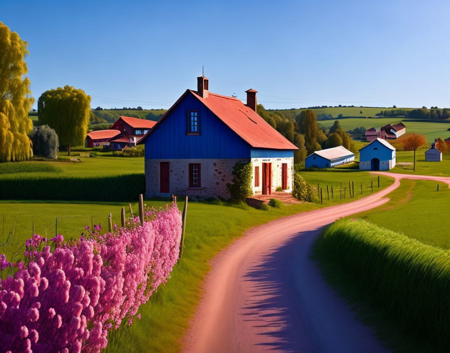 Blue-roofed house by winding road in green fields with pink shrubs and farm buildings under clear