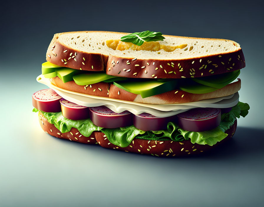 Digital Rendering of Sandwich with Lettuce, Tomato, Cheese, and Cucumber in Sesame Seed