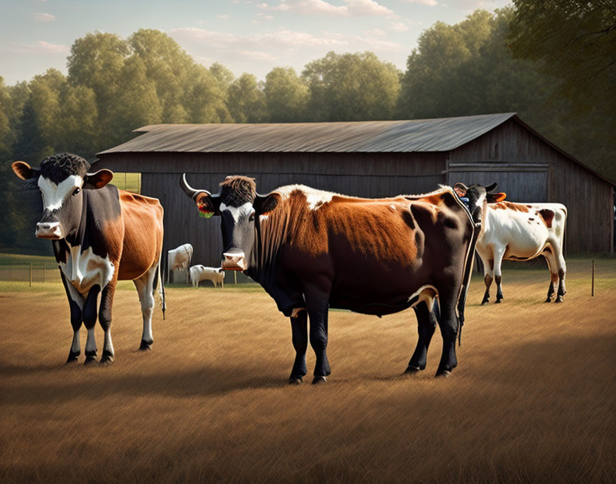 Cows in field with barn and trees on sunny day