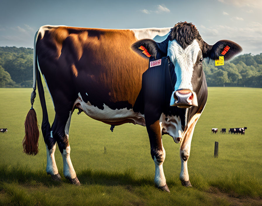 Brown and White Cow with Tagged Ears in Green Field