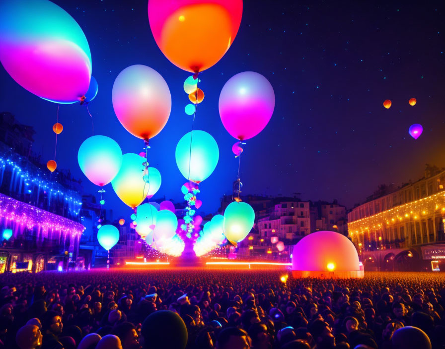 Crowd watching illuminated balloons in urban night scene