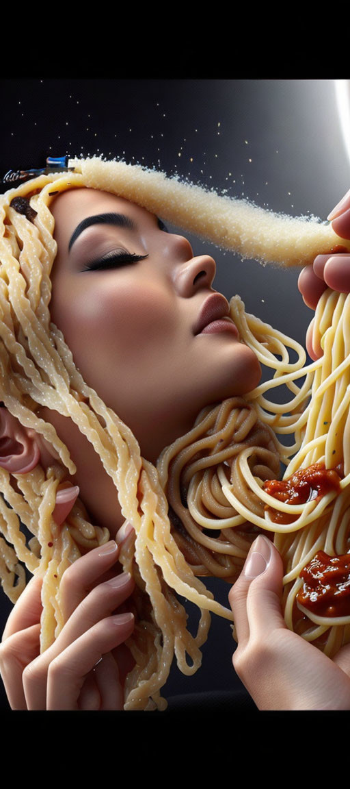 Surreal image of woman with spaghetti hair and sauce hands