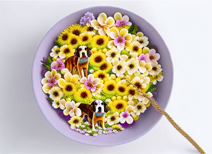 Colorful Floral Arrangement with Dog Illustration in Purple Container