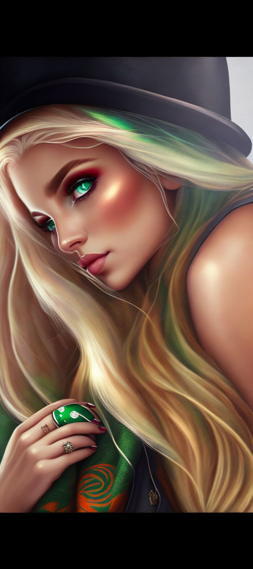 Detailed digital artwork: woman with green eyes, blonde hair, top hat, intricate makeup, green gem