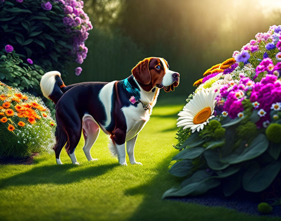 Beagle Dog in Sunlit Garden with Vibrant Flowers