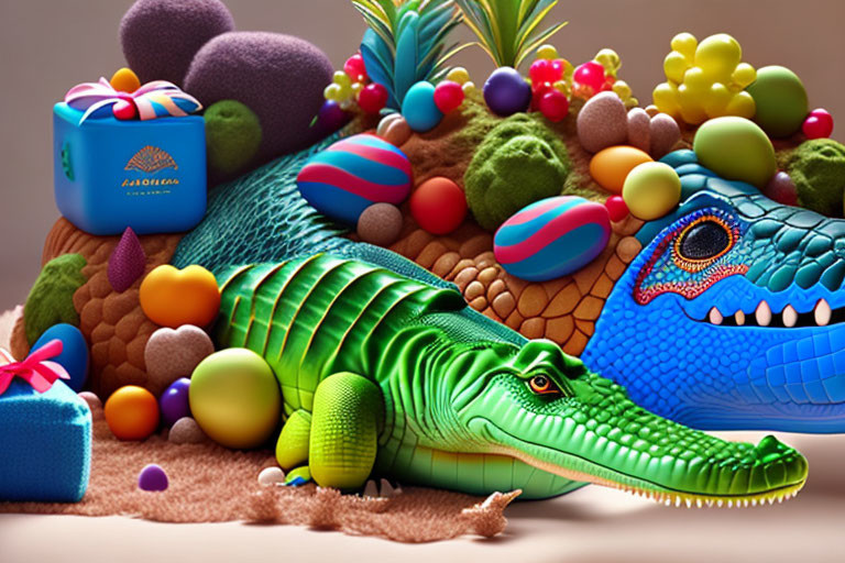 Colorful Stylized Crocodile Surrounded by Whimsical Objects