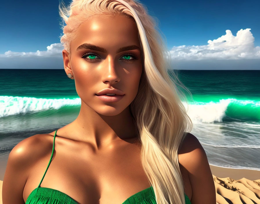 Striking green eyes and platinum blonde hair at vibrant beach