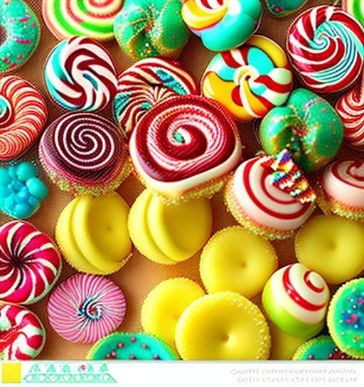 Assortment of Colorful Candies: Swirl Lollipops, Gummy Rings,