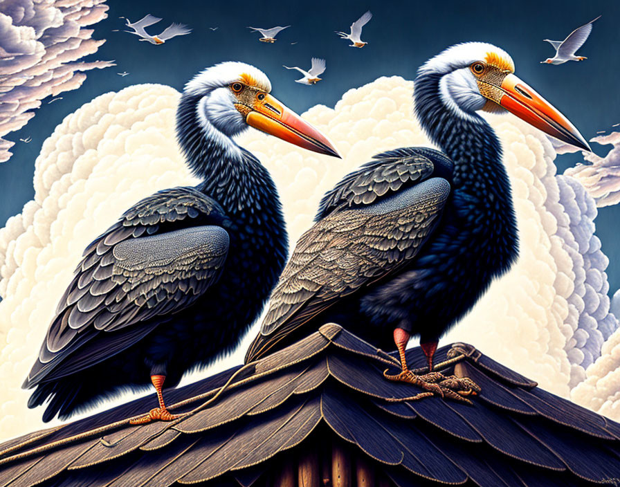 Illustrated Pelicans on Wooden Structure with Sky Background