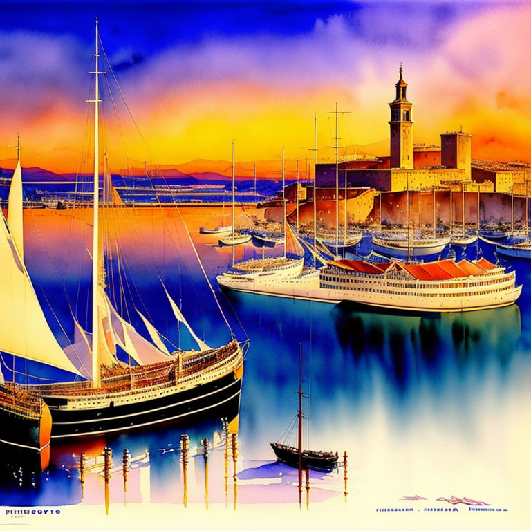 Harbor scene with sailboats, cruise ship, lighthouse, and sunset sky.