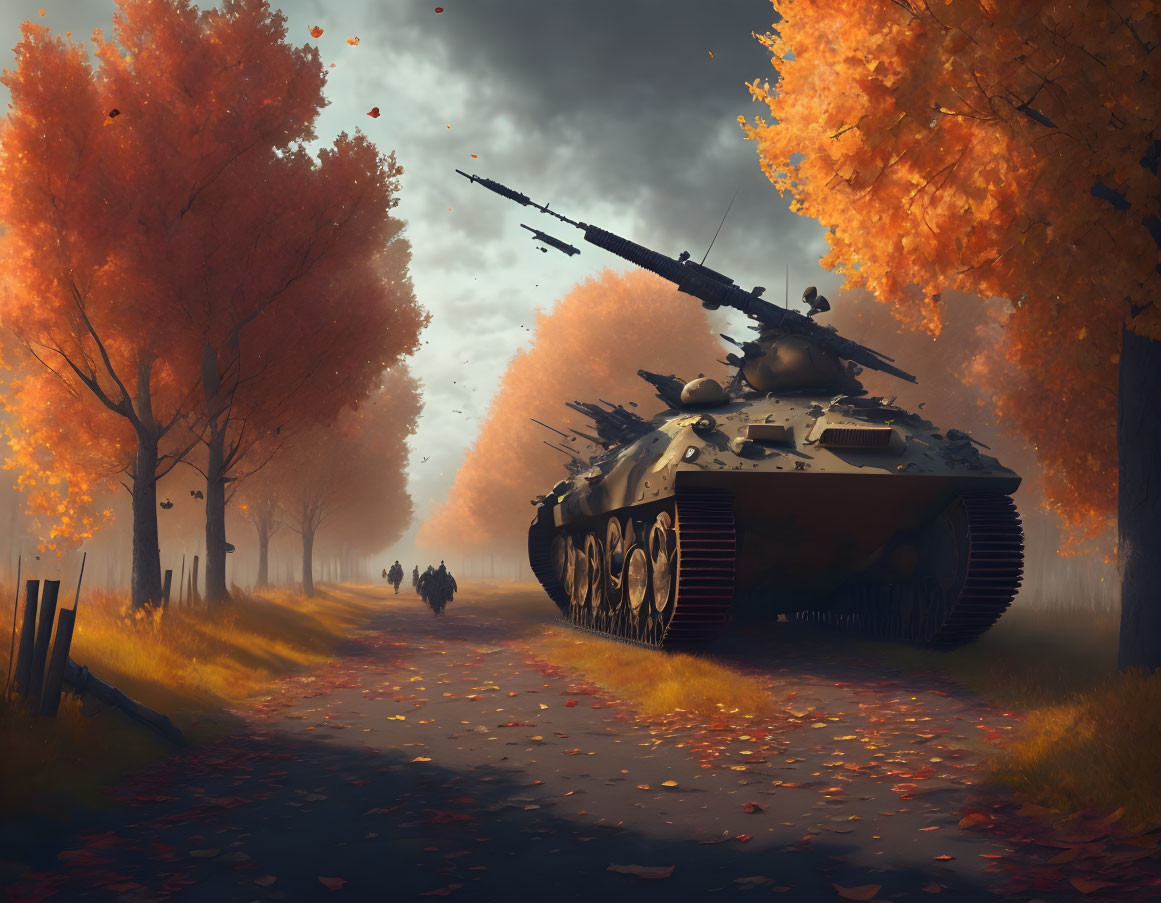 Military tank on foggy autumn road with soldiers and falling leaves