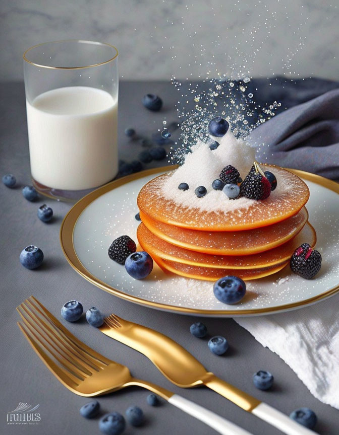 Pancakes with powdered sugar, berries, golden cutlery, and milk