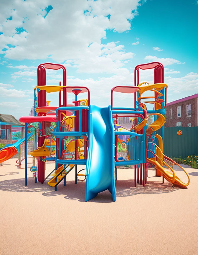 Vibrant playground with slides and climbing structures on sunny day