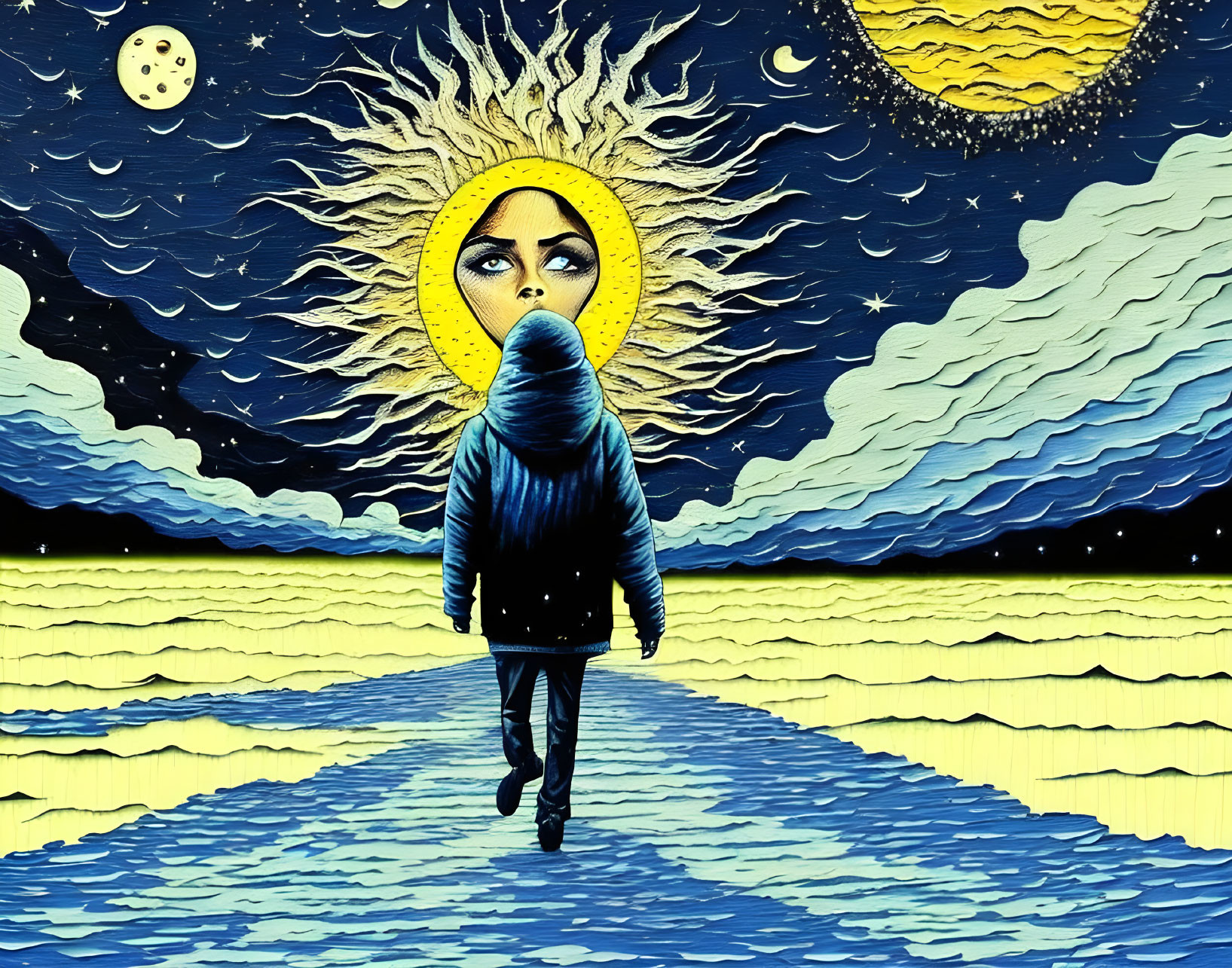 Surreal illustration of person walking towards giant moon in starry night sky