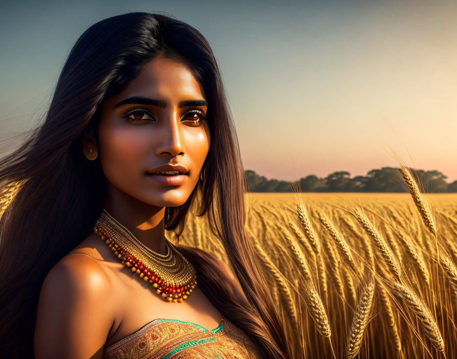 Dark-haired woman in traditional jewelry in golden wheat field at sunset