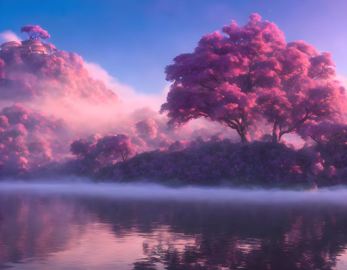 Vibrant pink trees by a calm lake with mist and a mystical structure under a pink sky