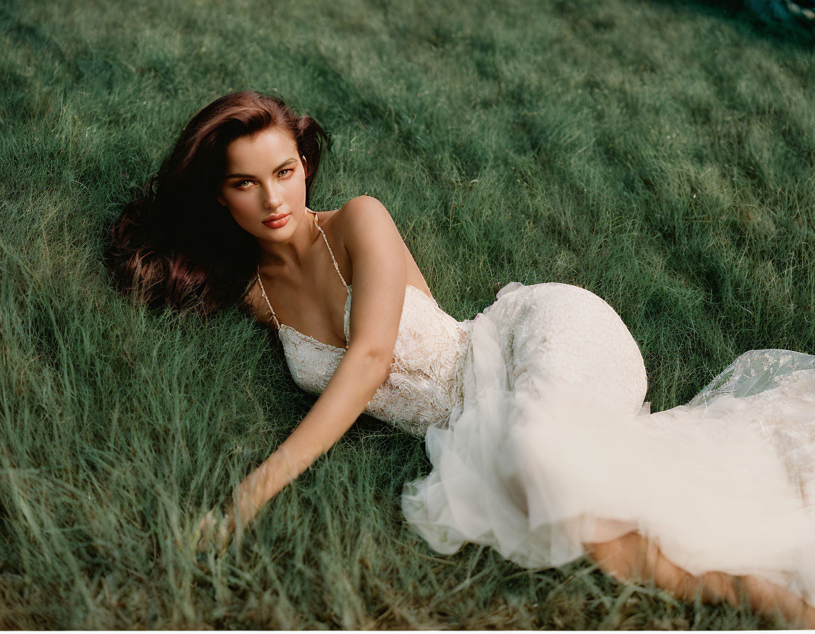 Woman in white dress lying on grass with serene expression