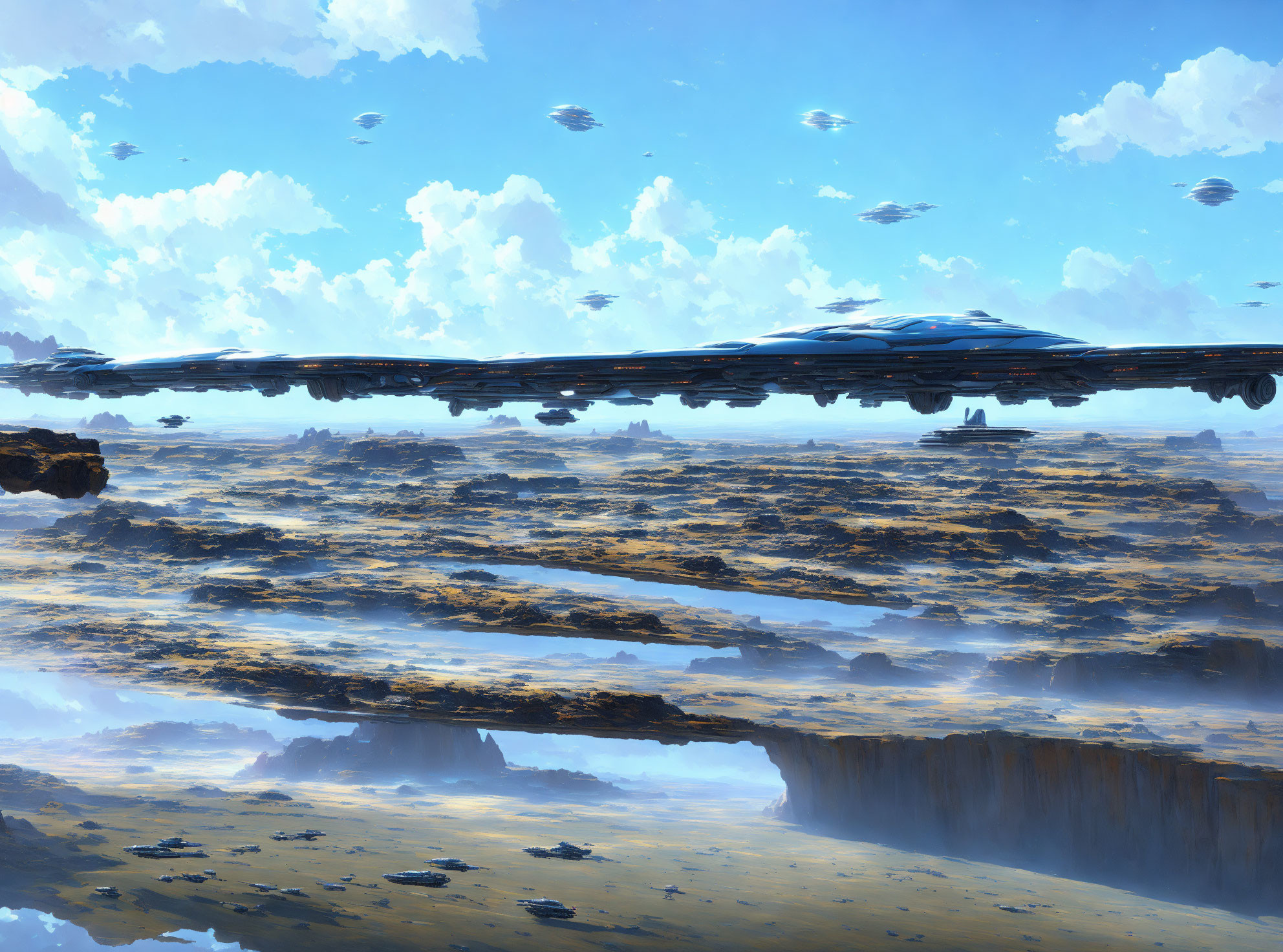 Futuristic floating structures in rocky landscape under cloudy sky