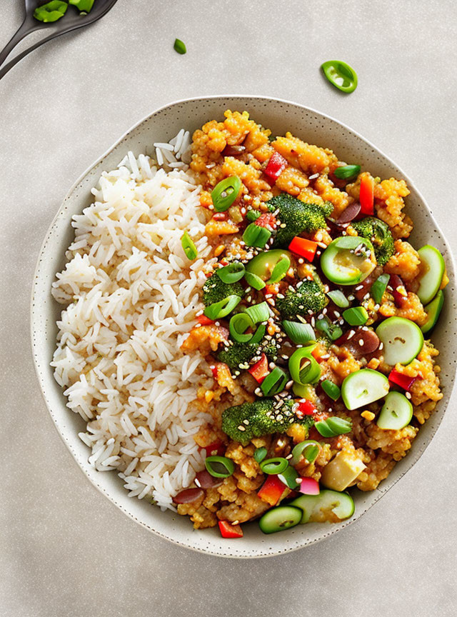 Plate of White Rice & Stir-Fried Vegetables with Zucchinis, Broccoli, Red