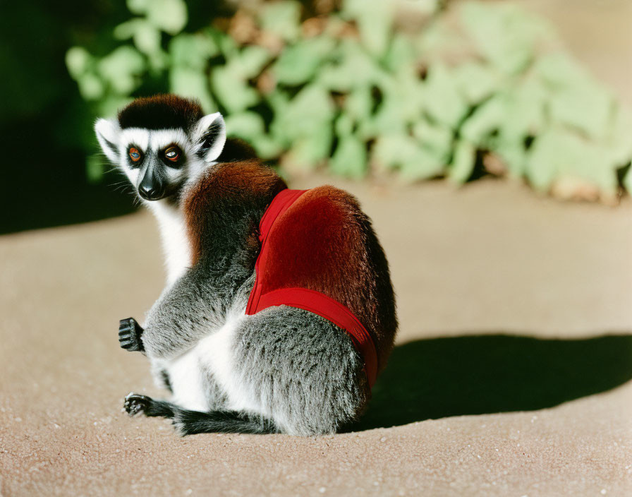 Red-clothed lemur sitting on the ground gazes backward