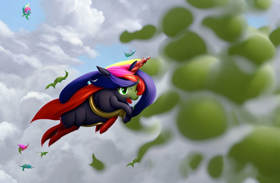 Colorful Animated Unicorn Flying Among Fluffy Clouds