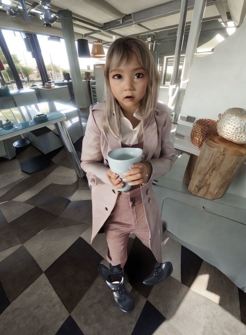 Young child in stylish beige suit holding cup in modern room