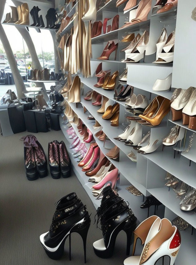 Assorted high-heeled shoes in various styles and colors on display in a retail store