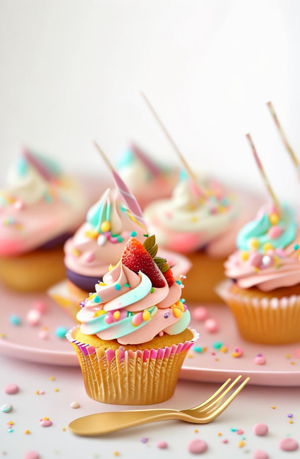 Vibrant cupcakes with pastel frosting and sprinkles on pink plate