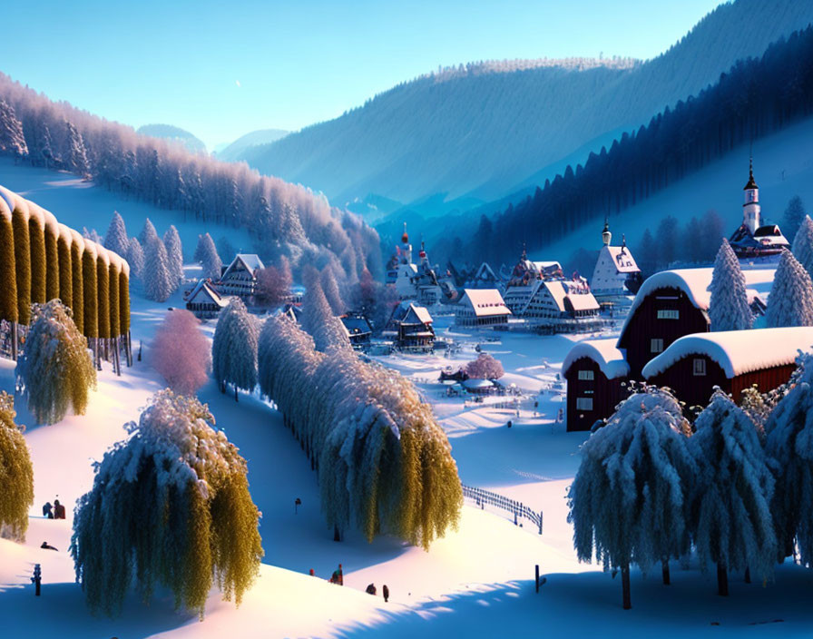 Snow-covered winter village in valley at dusk