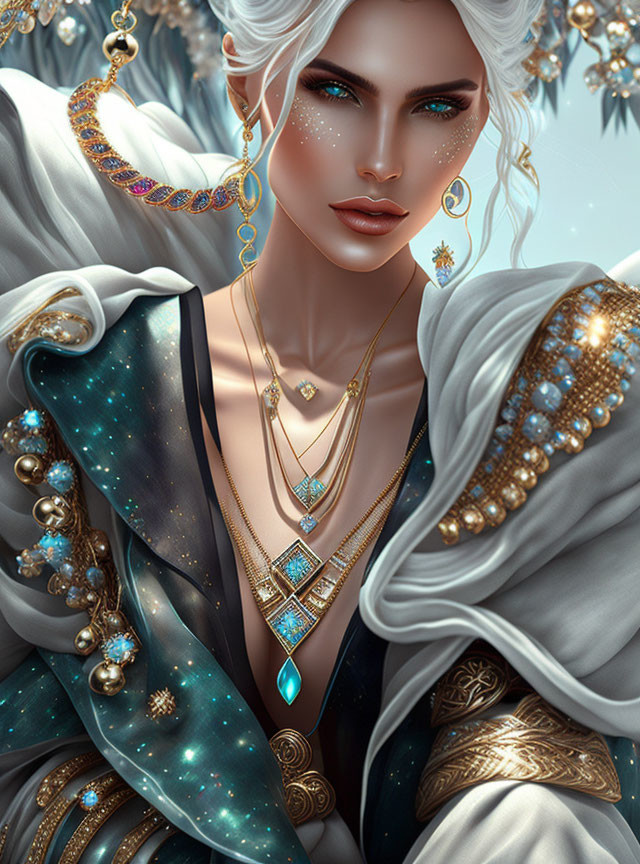 Portrait of individual with pale skin, blue eyes, white hair, gold & turquoise jewelry