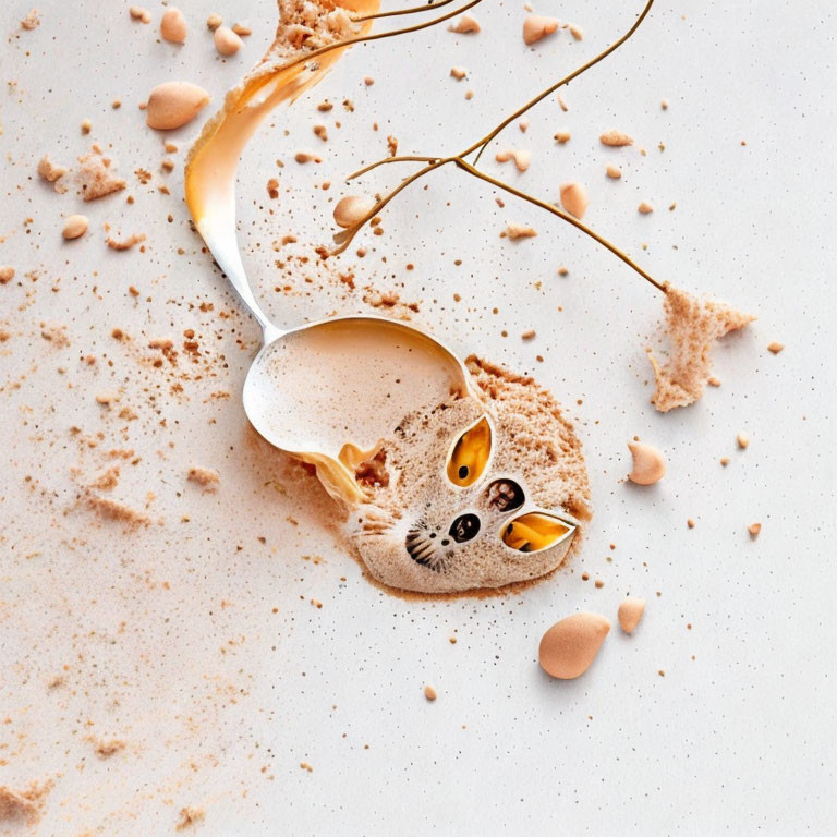 Liquid caramel and nuts splashing on a spoon against a white background