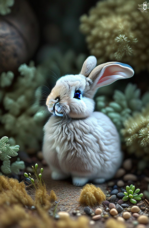 Fluffy Beige Bunny with Striking Blue Eyes in Serene Setting