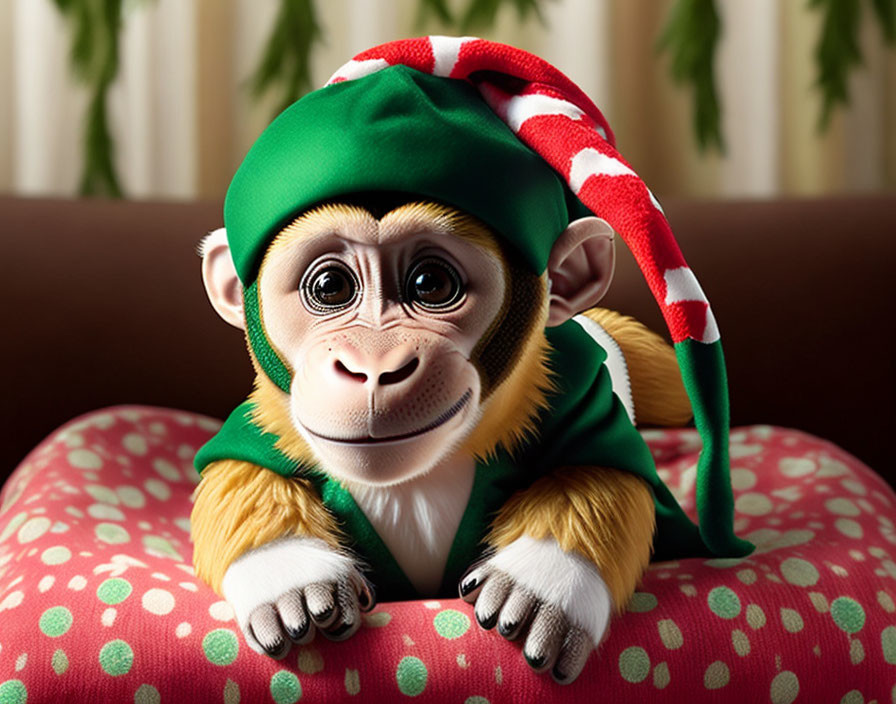 Festive monkey in elf costume on polka-dotted cushion