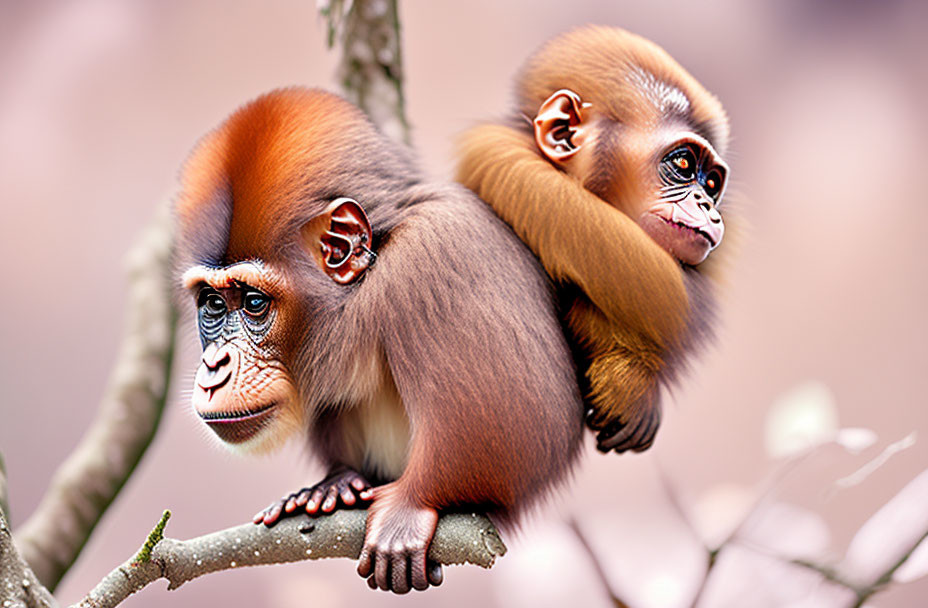 Pair of Red-Shanked Douc Langurs with Bright Orange Fur, Black and White Faces on Branch