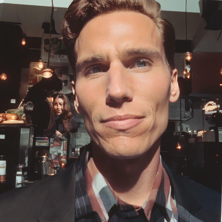 Man in plaid blazer with strong jawline in cafe scene