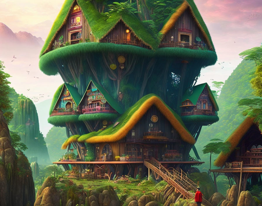 Illustration of whimsical multi-level treehouse in misty mountain setting