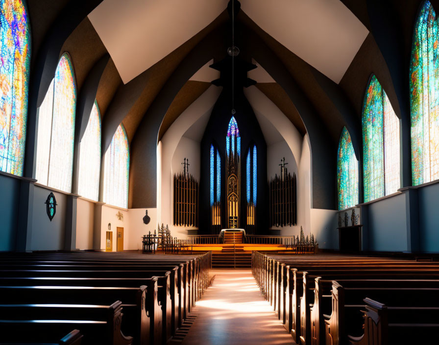 Church interior with wooden pews, altar, and vibrant stained glass windows