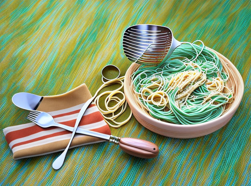 Vibrant pasta bowl with fork, spoon, and measuring spoons on striped napkin.