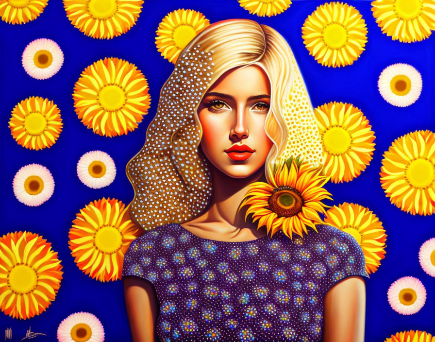 Colorful Illustration: Blonde Woman Among Sunflowers on Blue Background