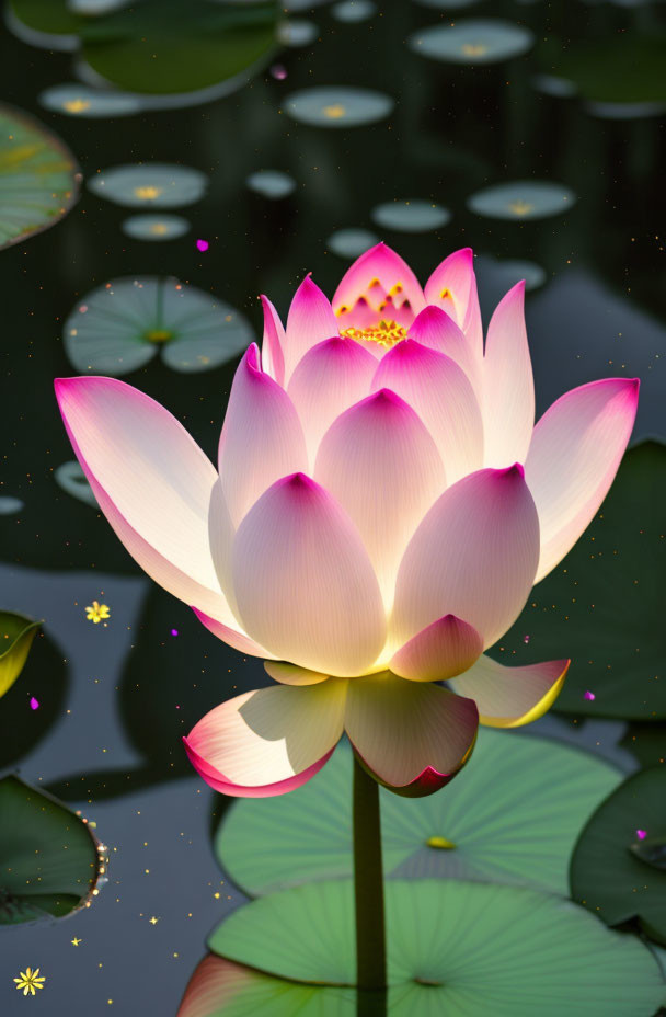 Radiant pink lotus flower above water with green lily pads